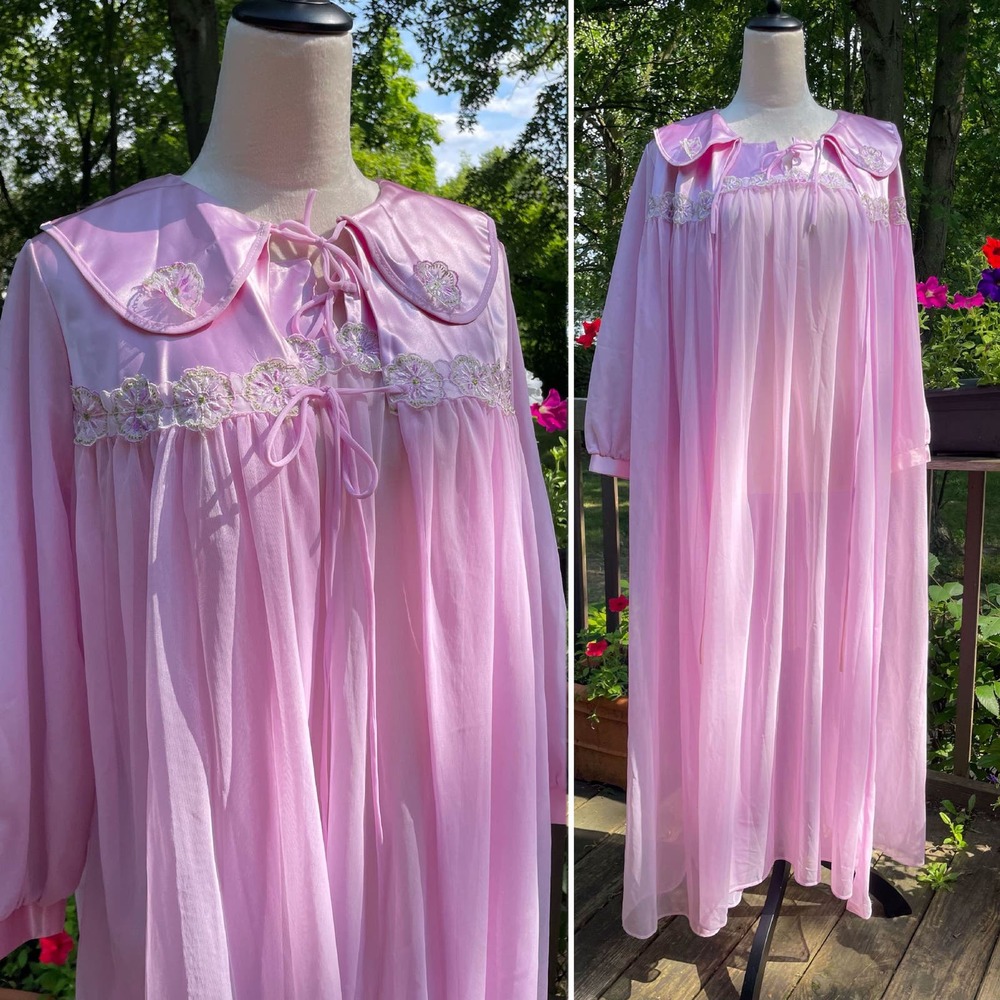 Vintage 60’s Nylon Chiffon Nightgown Robe Peignoir Set sz Large GMC ILGWU